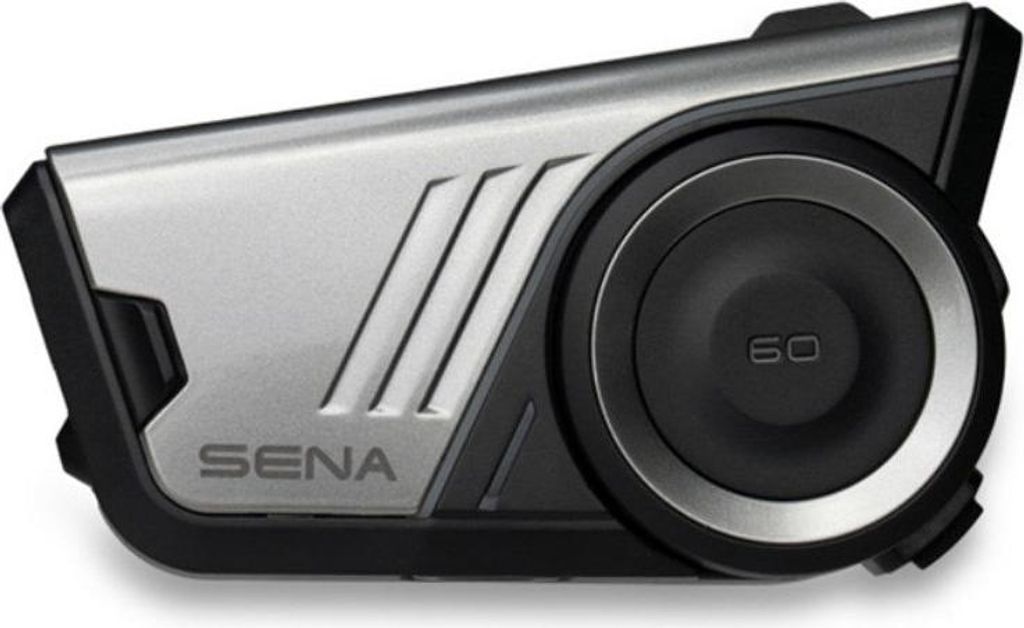 A close-up studio shot of a Sena motorcycle intercom device.