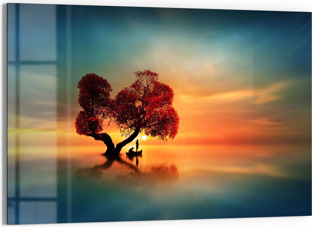 DEQORI Glasbild Echtglas 90x60 cm 'Fischerboot unter Baum' Wandbild Bild modern Deko
