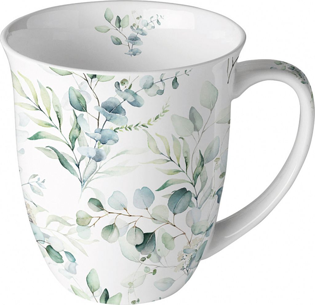 Tasse 10cm Porzellan mit Eukalyptus Motiv Weiß / Grün Produktbild 