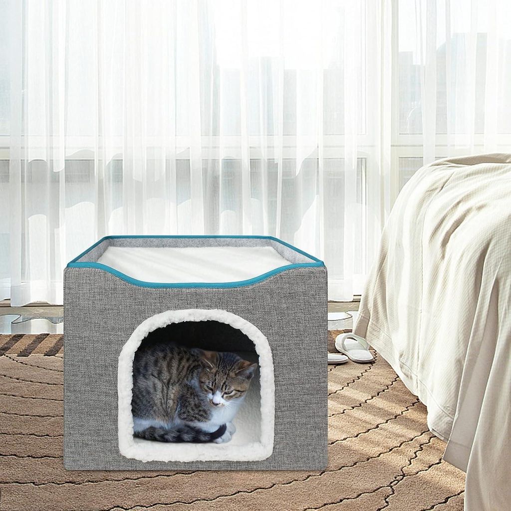 Faltbare Katzenliege Großes Katzenhaus Hohes Katzenbett Kratzbrett Spielball 40 x 40 x 32 cm Grau
