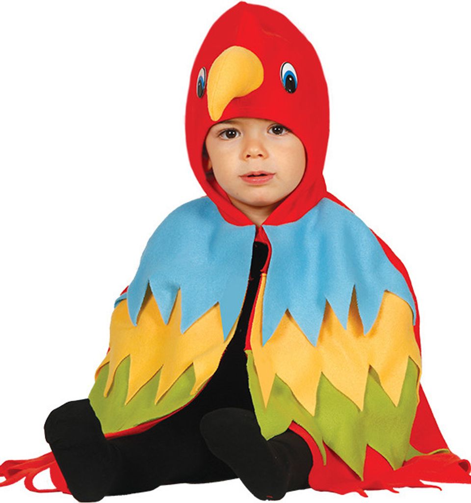 A young child wearing a colorful parrot costume.