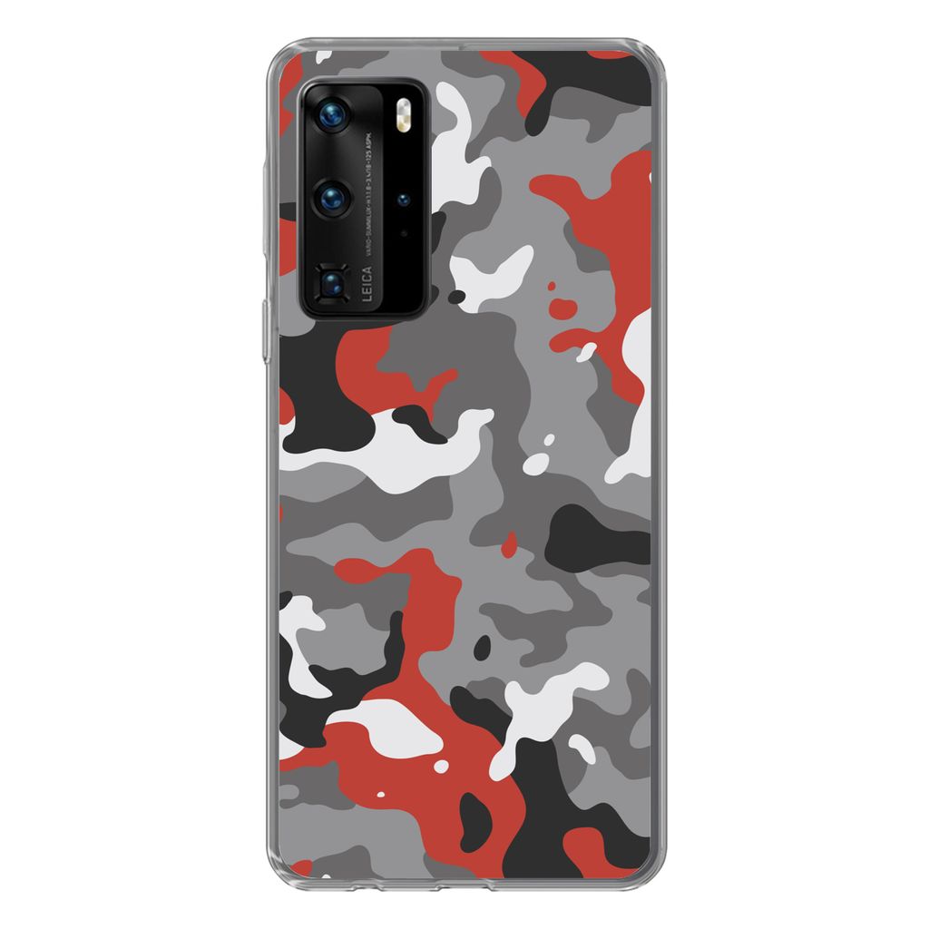MuchoWow Handyhülle Schutzhülle Hülle für Huawei P40 Pro Camouflage-Muster mit roten Akzenten Silikon Softcase Handy Hülle - Schutz - Geburt...