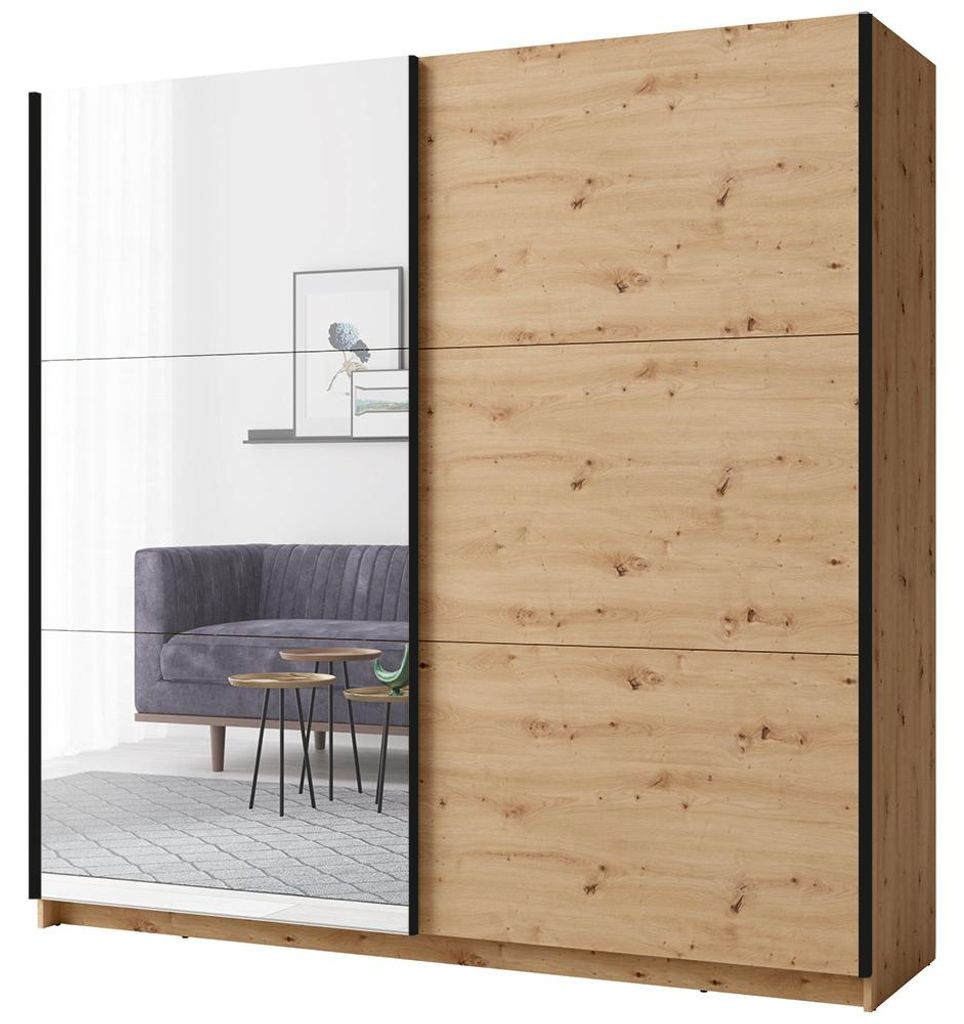 Schlafzimmer Kleiderschrank 150 cm breit in Eiche mit 2 Schwebetüren, Kleiderstange & Spiegel - ANTIBES-166