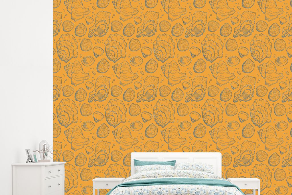 MuchoWow Fototapete für Wohnzimmer oder Schlafzimmer Wandtapete Vinyl Motivtapete Muscheln - Gelb - Orange - Muster - 265x240 cm - Zimmer für K...
