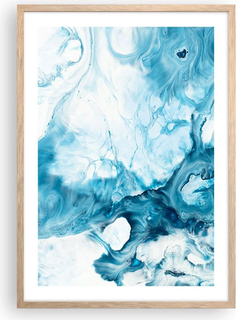 Gerahmtes Poster - Rahmen in heller Eiche - Abstraktion Flüssigkeit hellblau - 50x70 cm - Wand Bild - Wanddeko - Wandbilder - Wandposter - Bilderr...