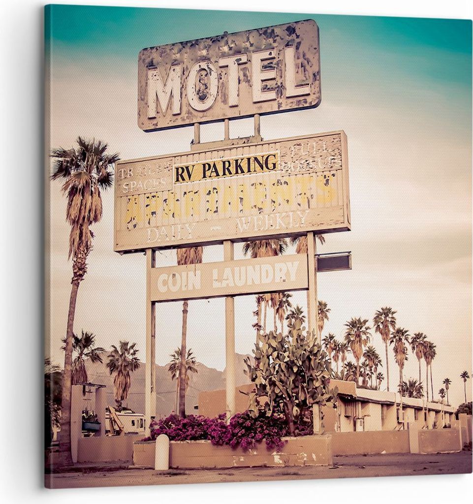 Bild auf Leinwand - Leinwandbild - Amerika Motel Straße Zeichen - 60x60cm - Wand Bild - Wanddeko - Leinwanddruck - Bilder - Kunstdruck - Wanddekor...