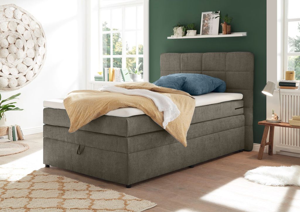 Boxspringbett 140x200 cm Jugendbett mit Bettkasten TEREZIN-09 Hotelbett in Uran stone