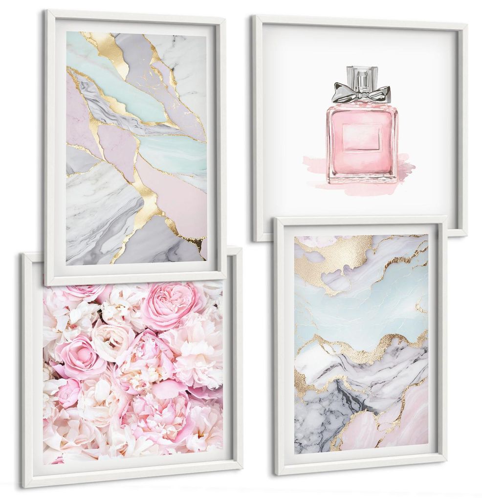 Bilder Set 4-teilig im Goldrahmen Rahmen – Wandbilder 4 Stück – gerahmte Poster für Wohnzimmer, Schlafzimmer und Flur – 50x50 cm - 40x60 cm...