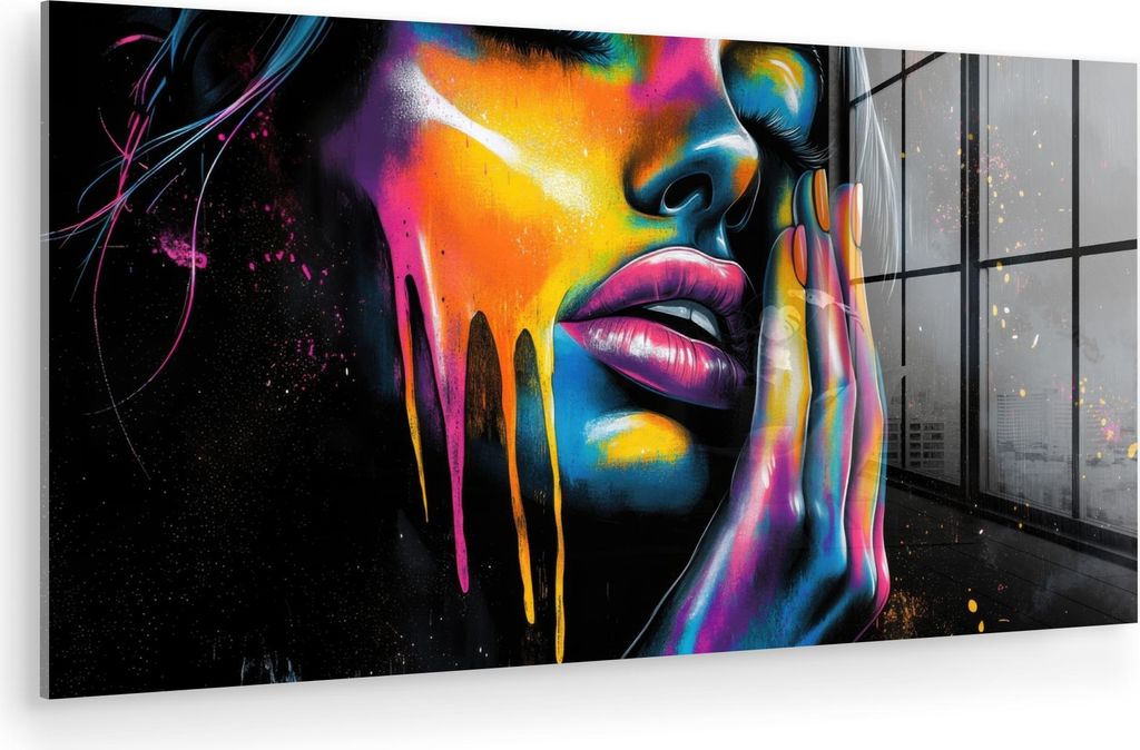 MuchoWow Glasbilder - Bilder auf Wandbild - Foto auf Glas Frau - Gesicht - Farbe - Künstlerisch 80x40 cm Wanddekoration aus Glas - Acrylglasbild -...