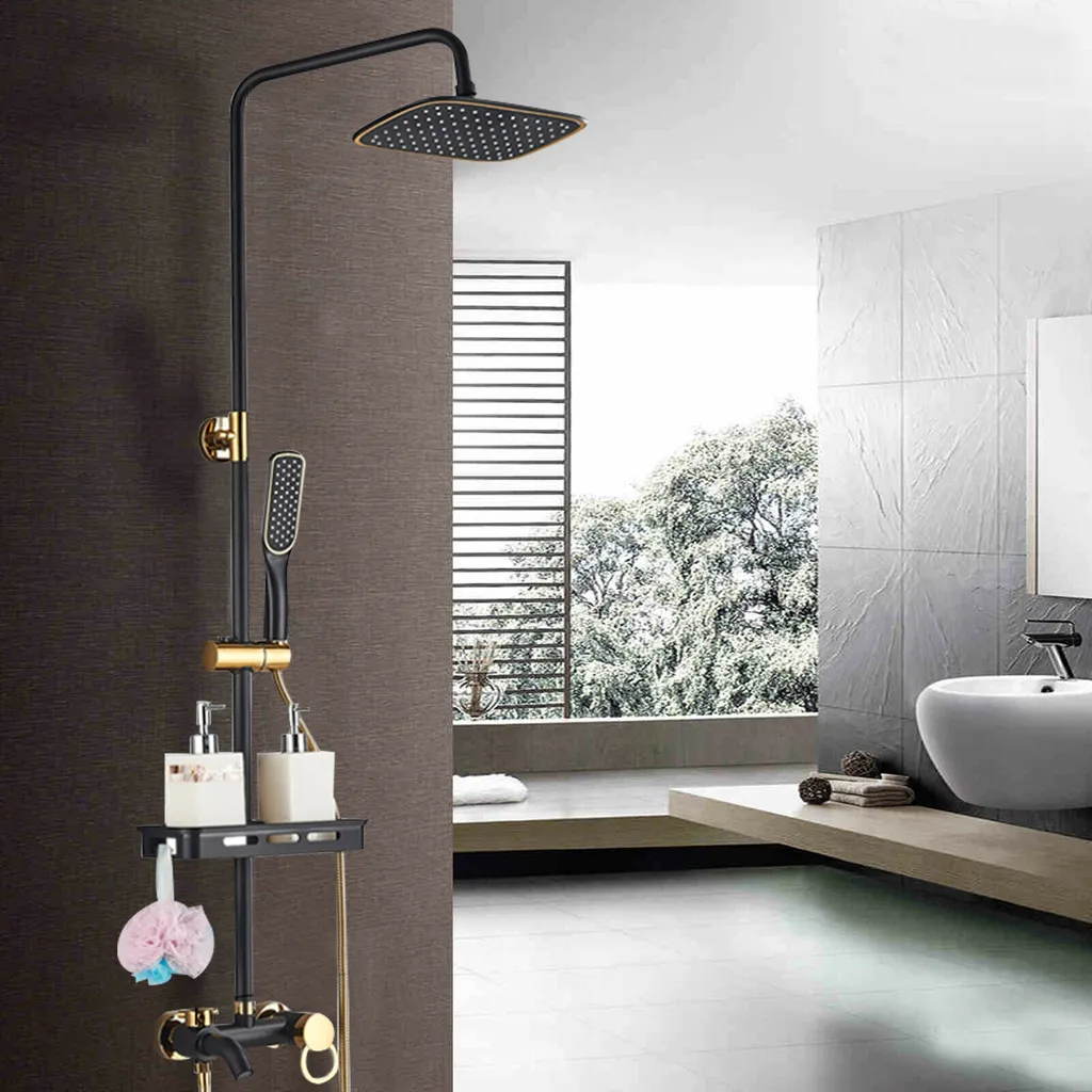 Robinetterie de douche murale design vintage noir et or avec ciel de pluie