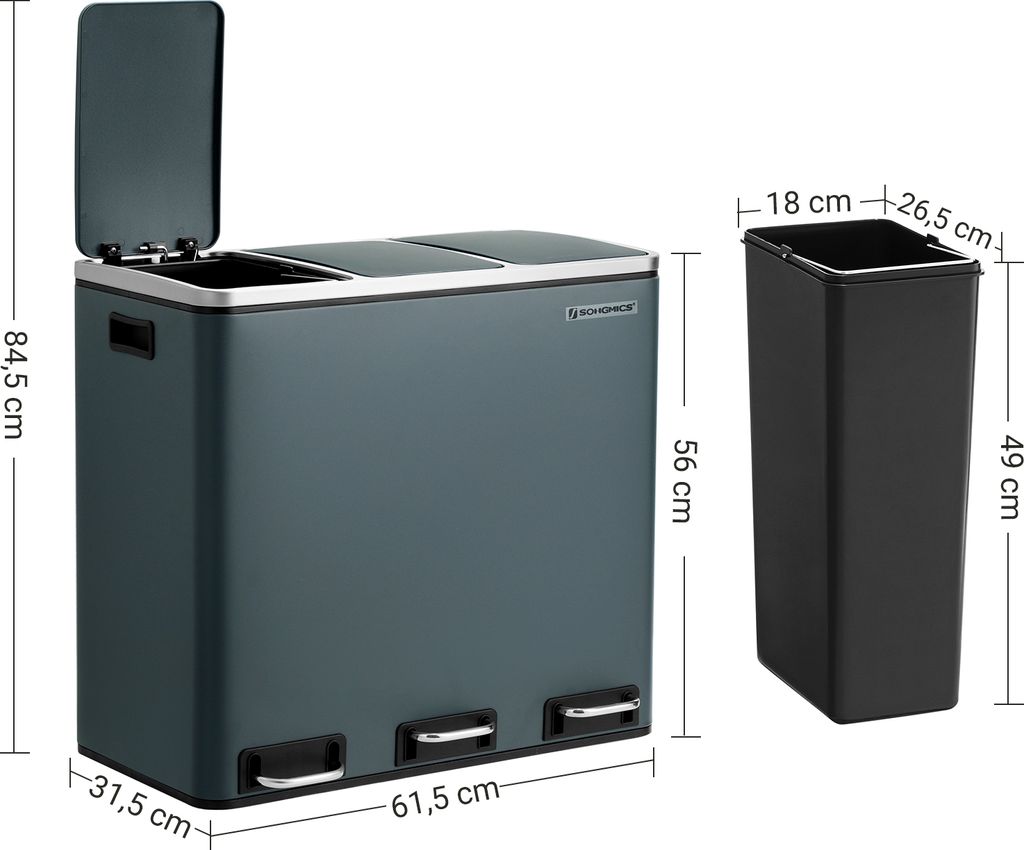 SONGMICS Mülleimer Mülltrennsystem, 3 x 18 L, ergonomisch, Produktbild 6