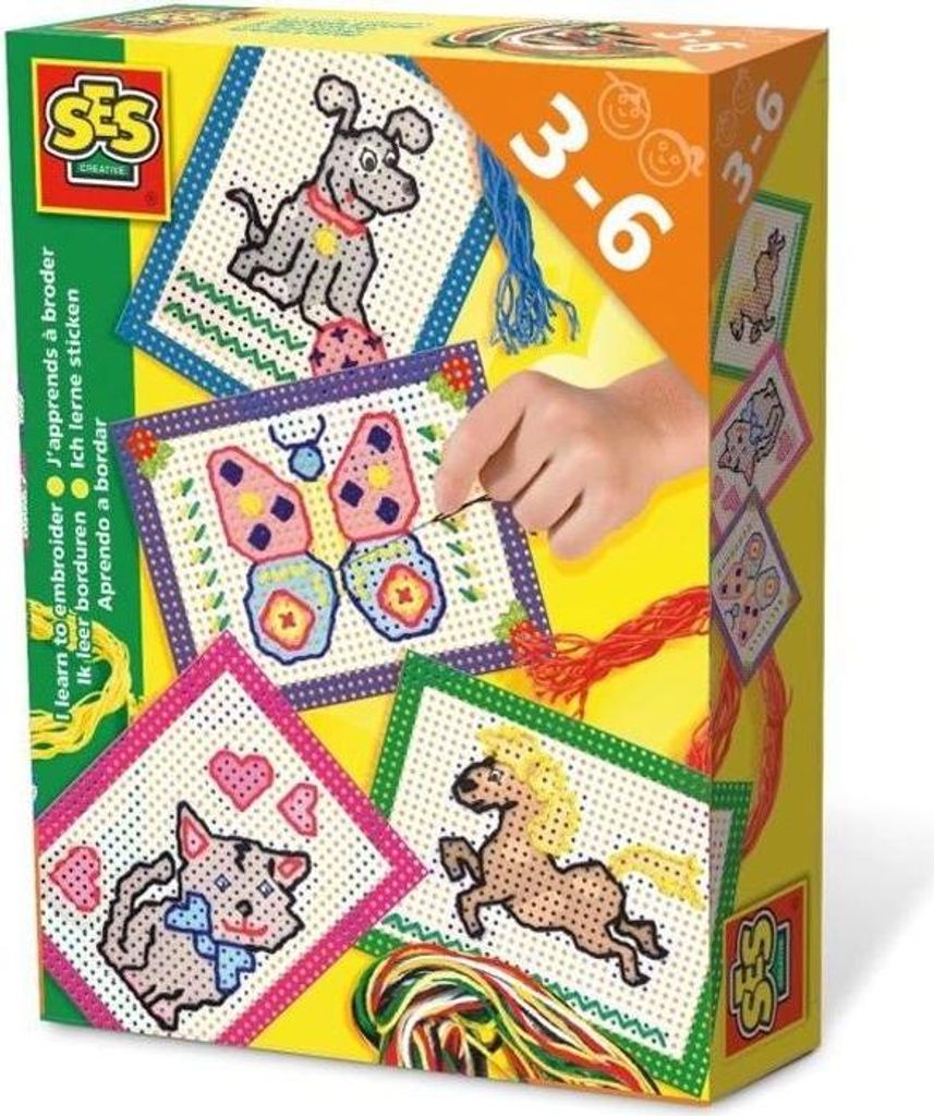 Stickerei Set für Kinder, Vorgedruckte Karten, Grobmaschiges Gewebe, 4 Tiermotive, Ab 3 Jahren