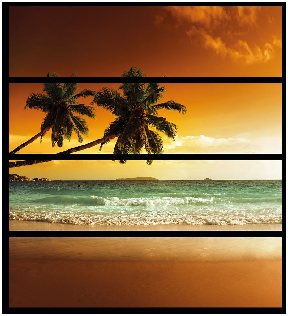 Wallario Möbelfolie / Aufkleber, geeignet für Ikea Malm Kommode mit 4 Schubfächern - Palmen am Sandstrand bei untergehender Sonne