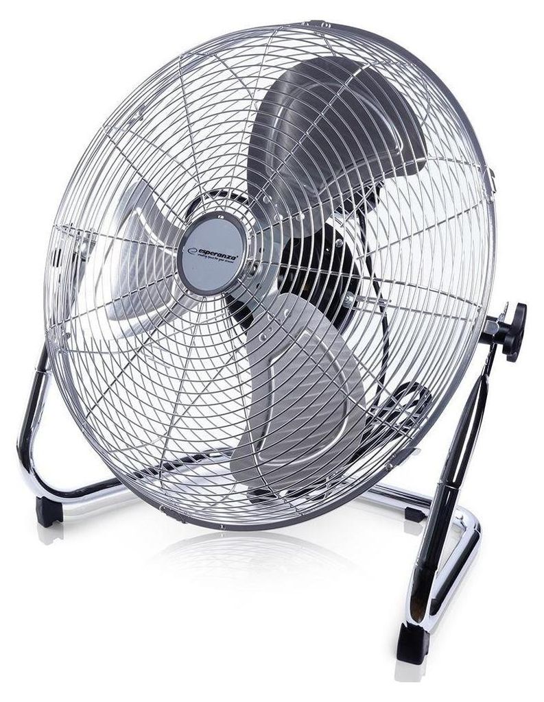 A chrome floor fan is shown against a white background.