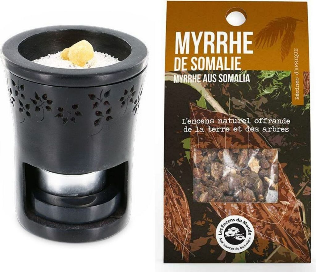 Duftbrenner aus schwarzem Stein + Myrrheharz aus Somalia zum Verbrennen