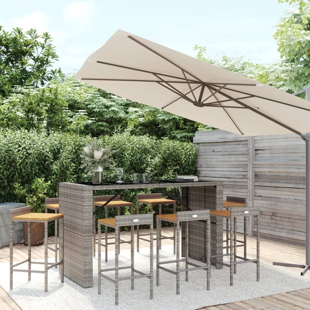 The Living Store 9-tlg. Gartenbar-Set Grau Poly Rattan & Massivholz Akazie