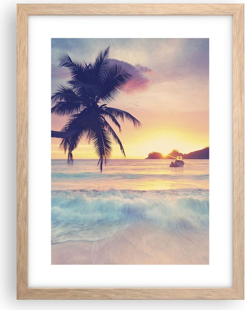 Gerahmtes Poster - Rahmen in heller Eiche - Meer Strand Palme - 30x40 cm - Wand Bild - Wanddeko - Wandbilder - Wandposter - Bilderrahmen - Bilder -...