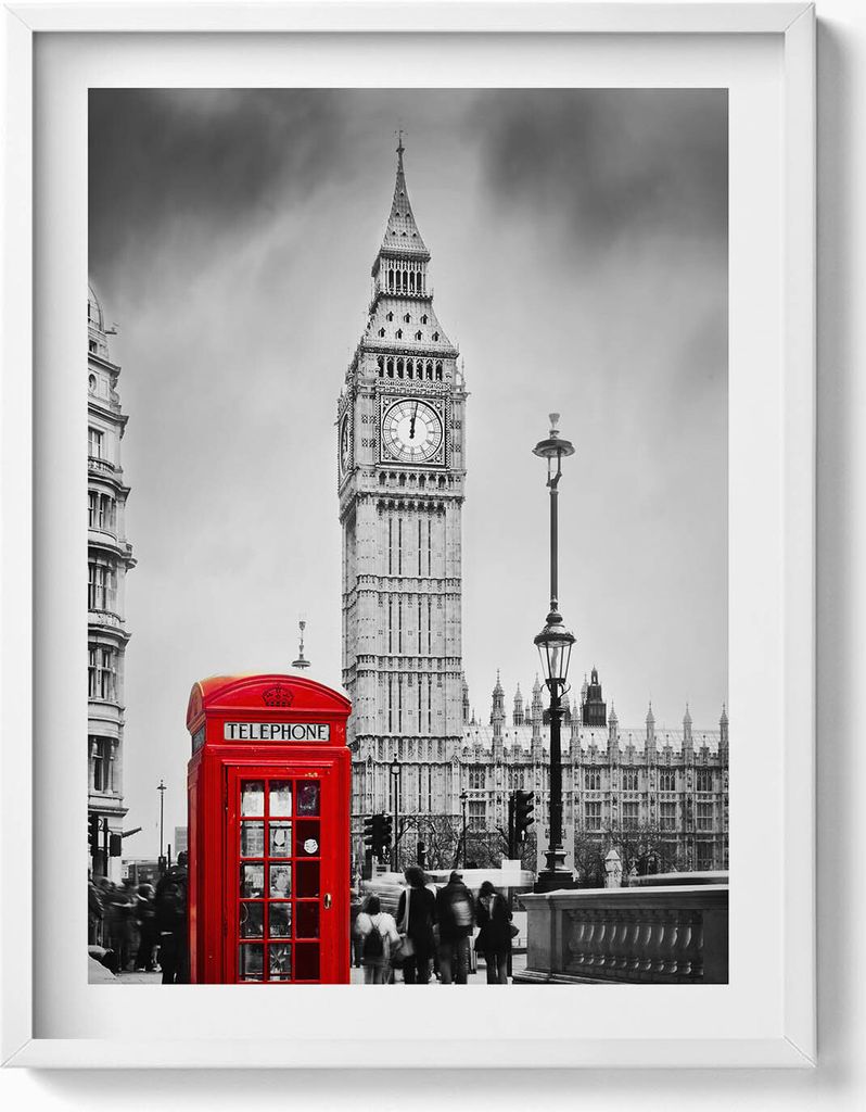 Big Ben und der rote Kasten in England– Wandbild mit Rahmen – Gerahmtes Bild – Wanddekoration – 60x80 cm – Weiß Rahmen