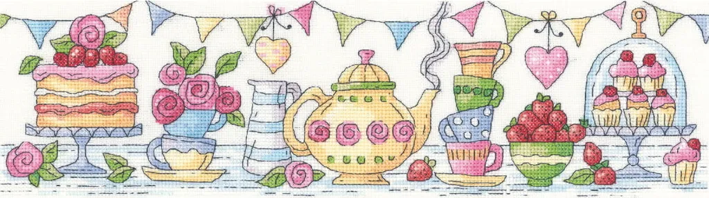 Set punto croce Heritage in tessuto contato "Afternoon tea", schema contato, KCAT1395-E, 37,5x10cm