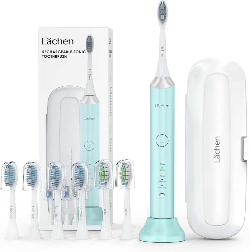 Elektrische Zahnbürste, Lächen Schallzahnbürste, 5 Reinigungsprogramme mit Reiseetui, 6 Zahnbürstenköpfe, wiederaufladbar, IPX7 wasserdicht
