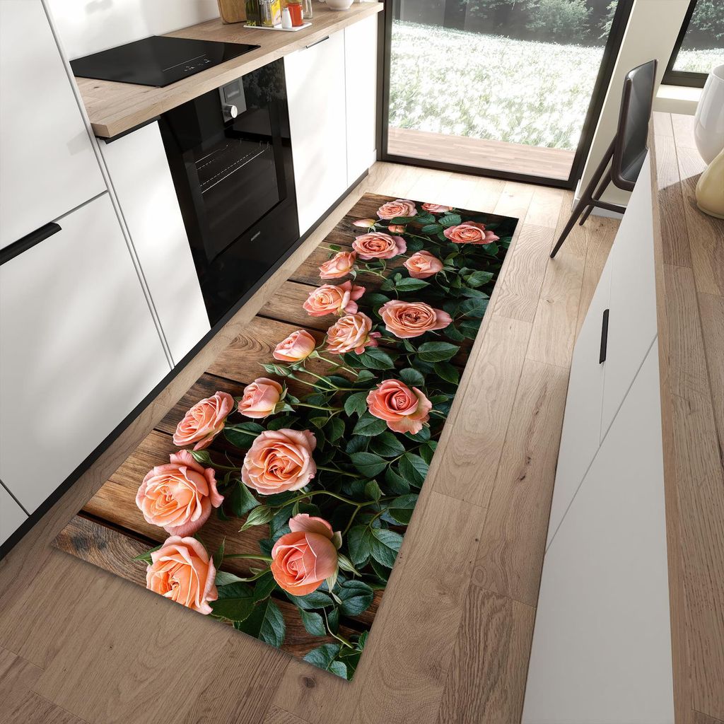Küchenteppich 90x240cm rutschfest & abwischbar PVC Läufer - Rosen Holzhintergrund