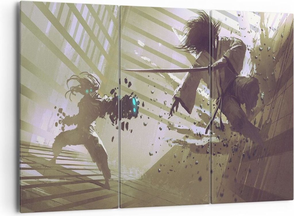Bild auf Leinwand - Leinwandbild - Roboter Samurai Schwert Kämpfen - 165x110cm - Wand Bild - Wanddeko - Leinwanddruck - Bilder - Kunstdruck - Lein...