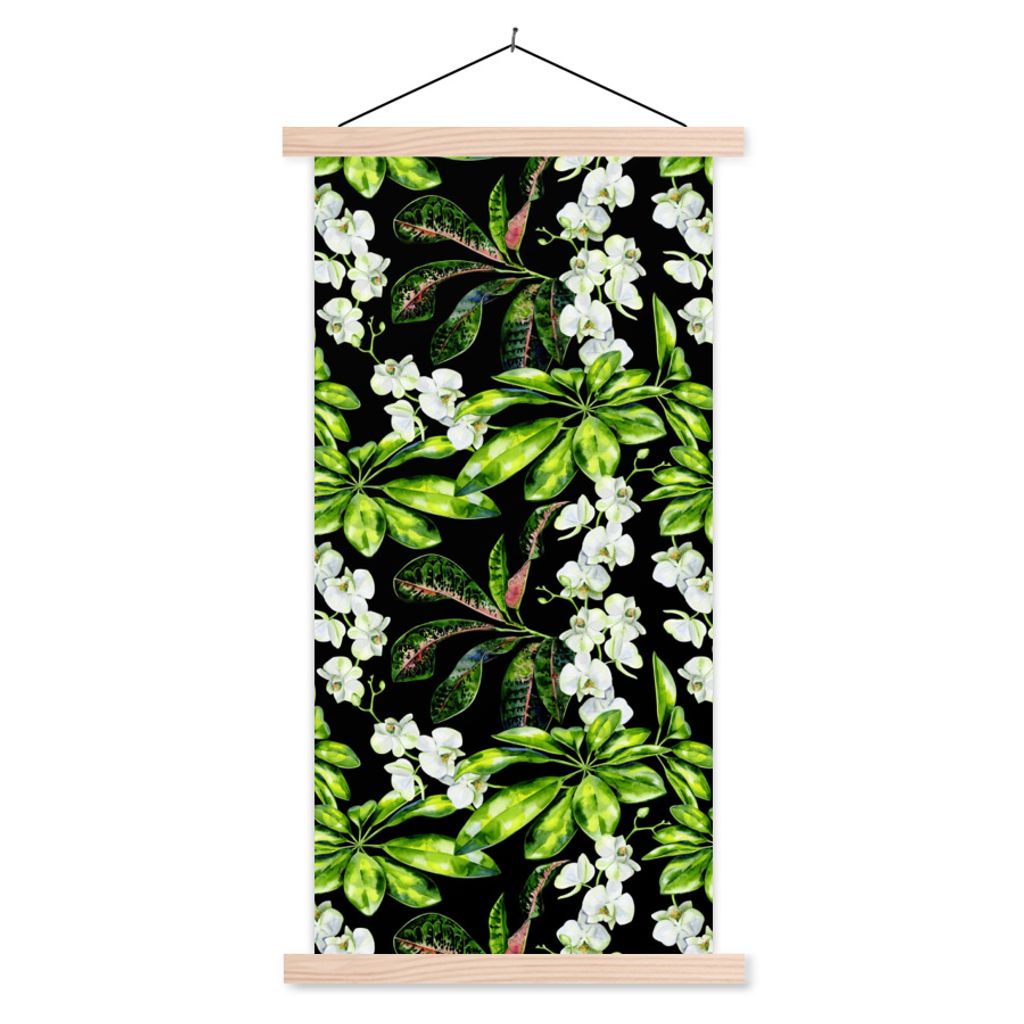 MuchoWow Textilposter Blatt - Orchidee - Muster 40x80 cm mit holzfarbenen Rahmen - Wohnzimmer