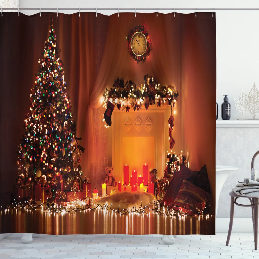 ABAKUHAUS Tenda da doccia natalizia, Capodanno romantico, stampa personalizzata, incl. 12 ganci, colori resistenti, decorativa con colori chiari, 175 x 220 cm, arancione