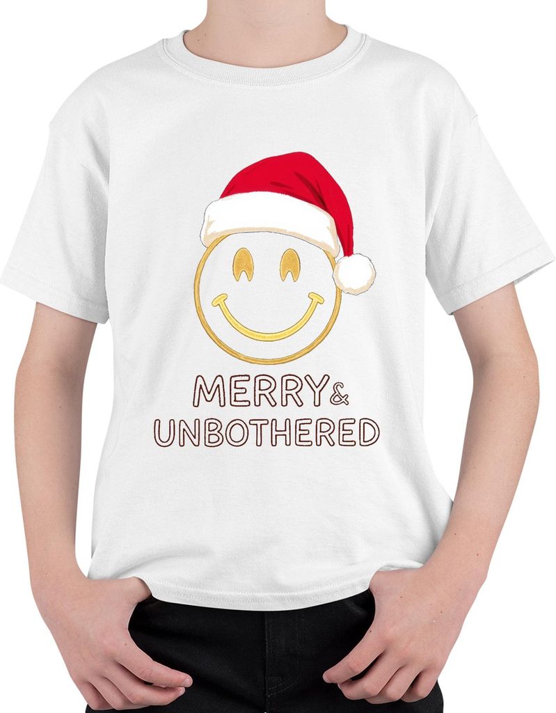 Merry & Unbothered Weihnachten Smiley Gold Santa Hut lustig Uni Kinder T-Shirt, Weiß, 116