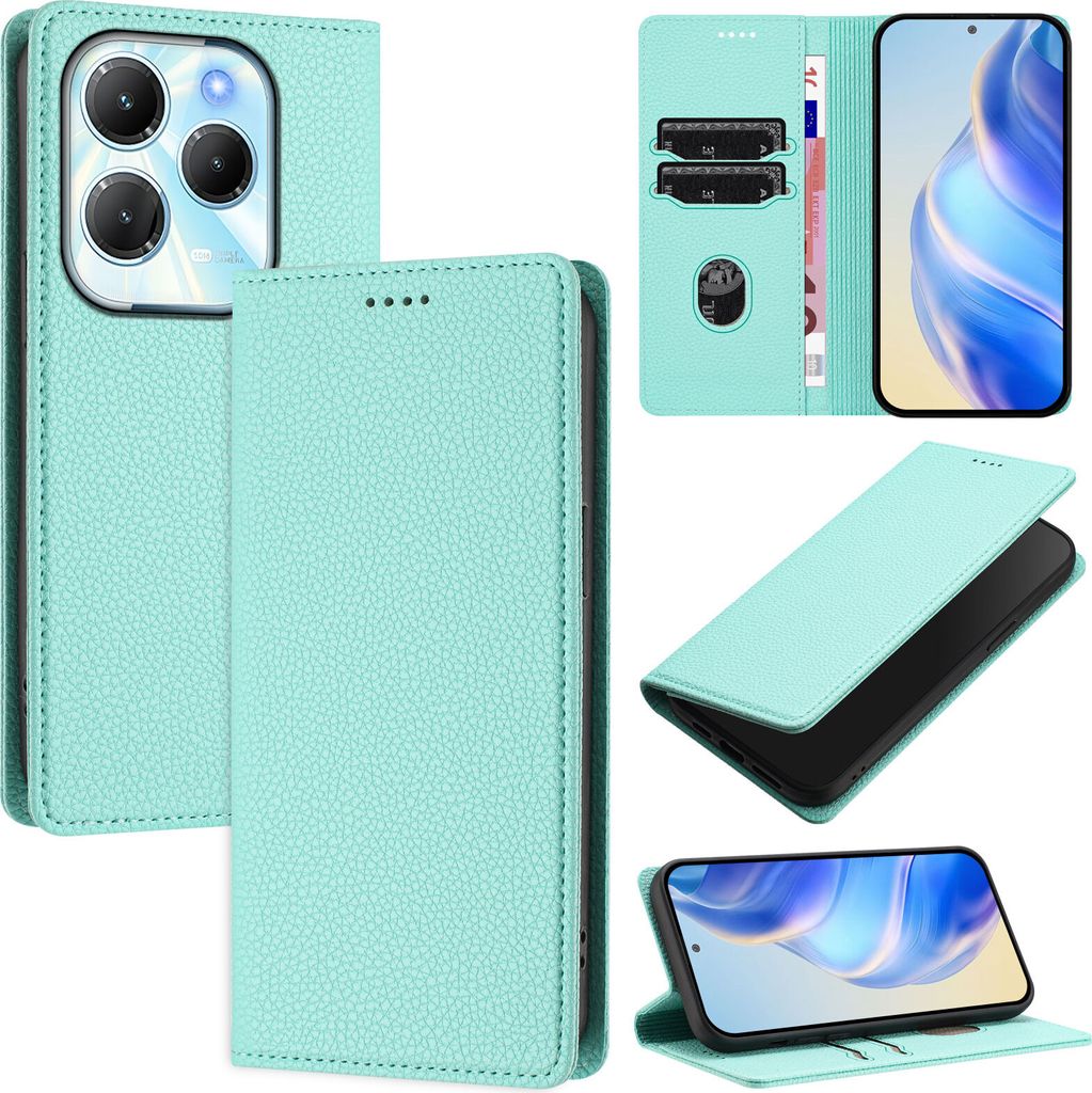 Litchi Leder Handyhülle für Infinix Hot 40/Hot 40 Pro/Tecno Spark 20 Pro 4G Wallet Kartenfächer Standfunktion Hülle Türkis