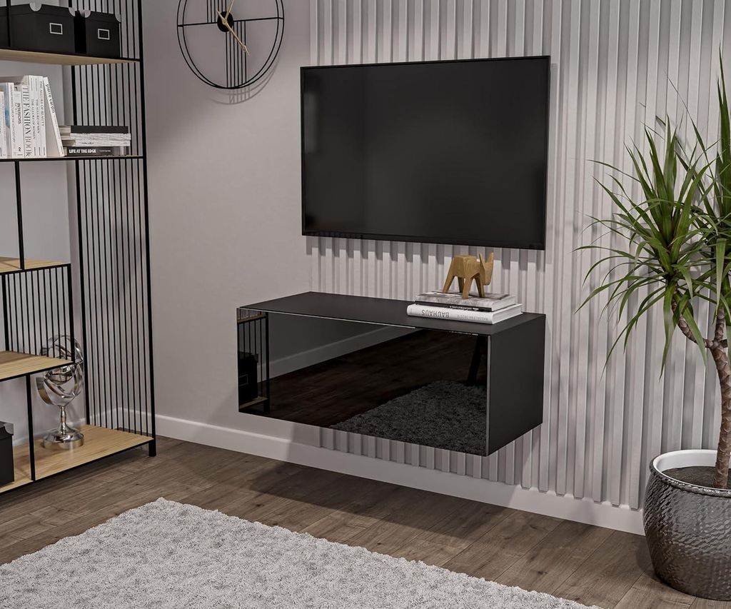 Schwarz TV Lowboard 90 cm Hängeschrank für Wohnwand Fernsehtisch Hochglanz Front MDF Fernsehschrank Kabelöffnung Push-to-Open