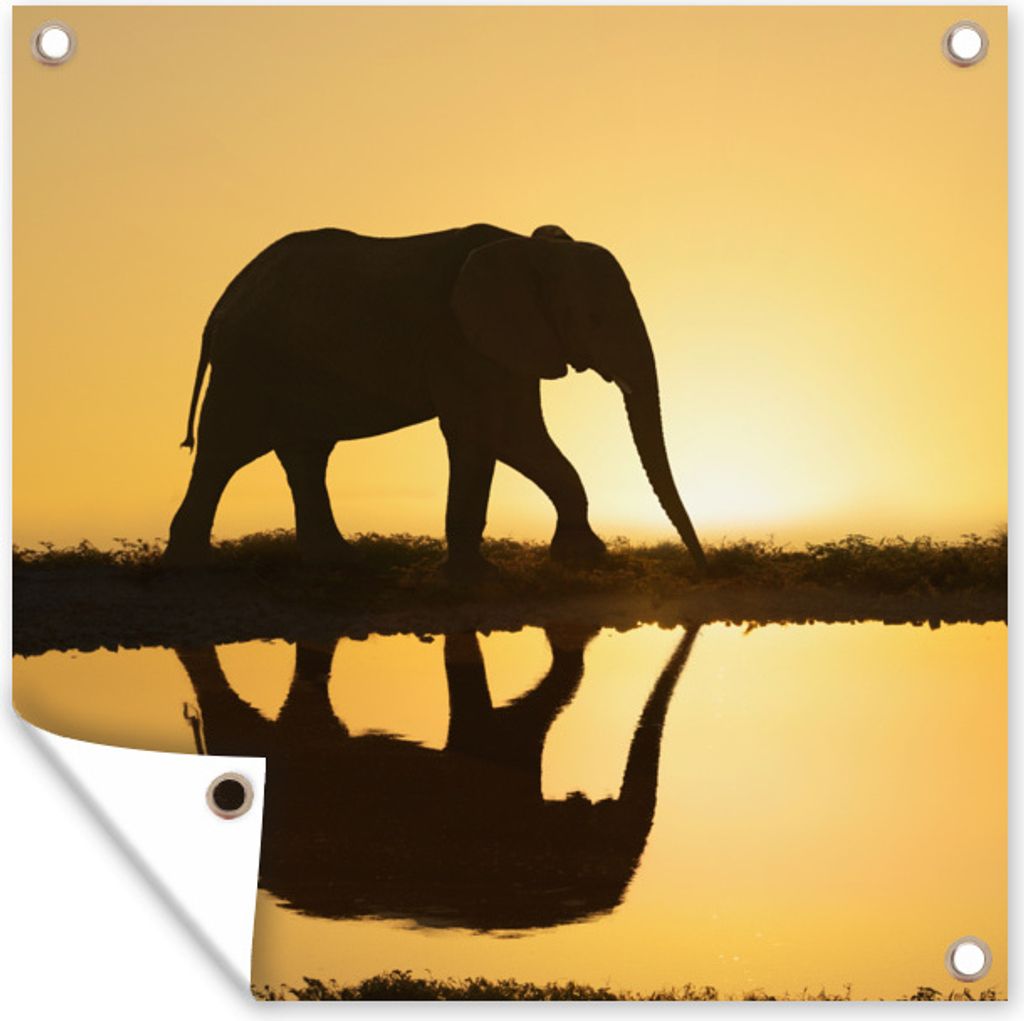 MuchoWow 100x100 cm Outdoor-Poster Gartendeko Sichtschutz Garten Poster für den Garten Silhouette eines Elefanten bei Sonnenuntergang