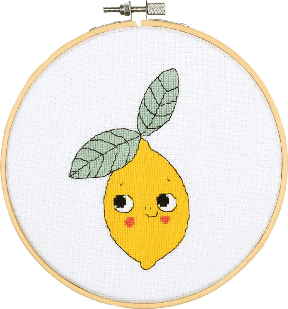 Confezione da ricamo a punto croce Vervaco con cerchio da ricamo "Eva Mouton Lemon", schema di conteggio, Diam 16cm