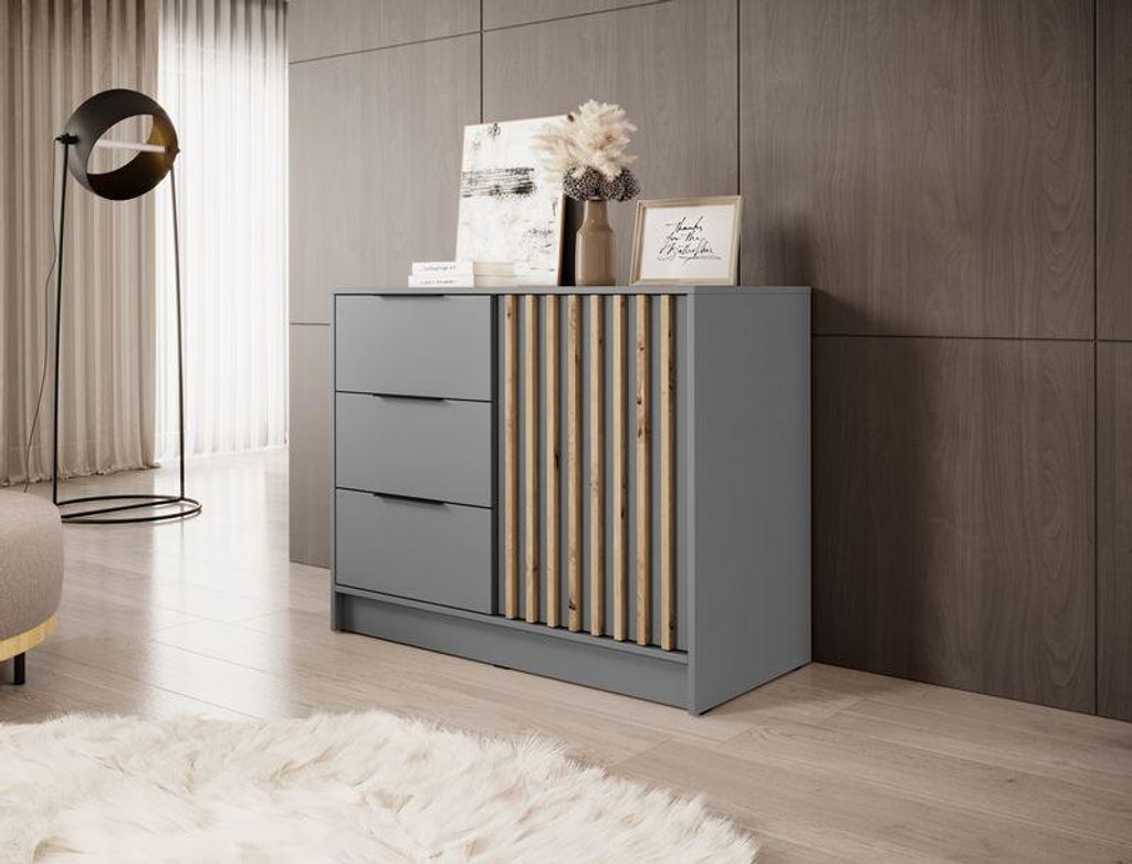 Kommode – Sideboard – Mittlere Kommode – Schlafzimmer Kommode – NELLY 2D – 105 cm – Grau – Moderne Kommode mit Lamellenfront