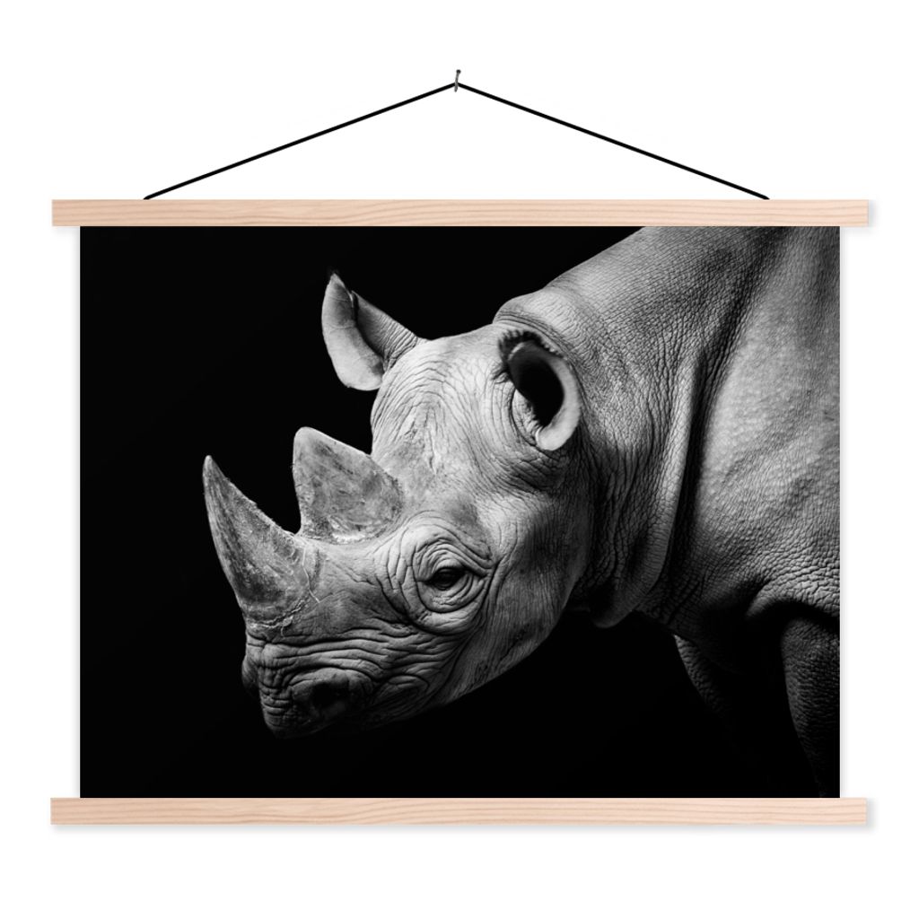MuchoWow Textilposter Tiere - Nashorn - Schwarz - Weiß - Porträt 60x45 cm mit holzfarbenen Rahmen - Bild