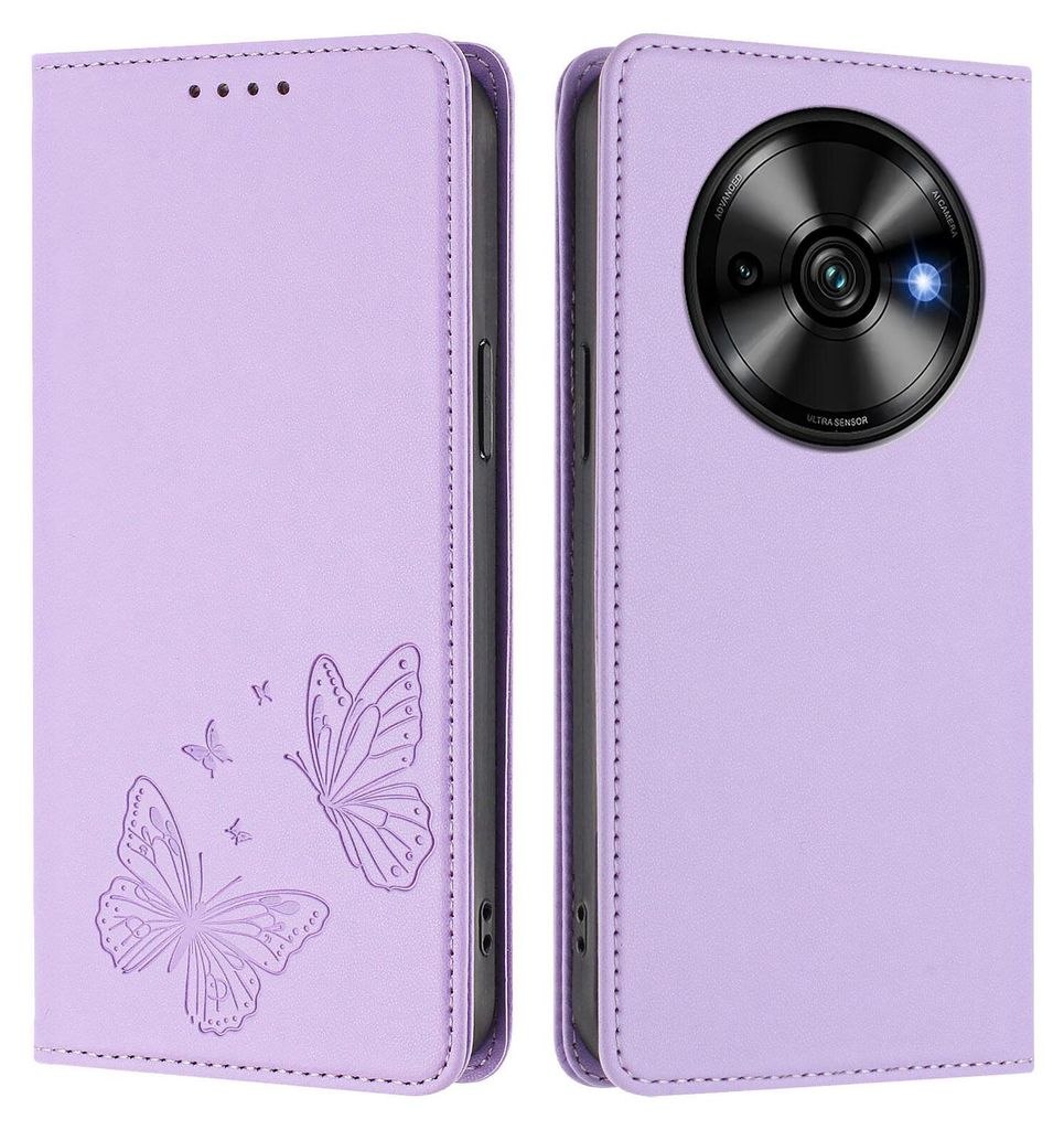 Lederhülle für Oukitel C59 / C59 Pro, Schmetterling Prägung Leder Brieftasche Schutzhülle mit Ständer Violett