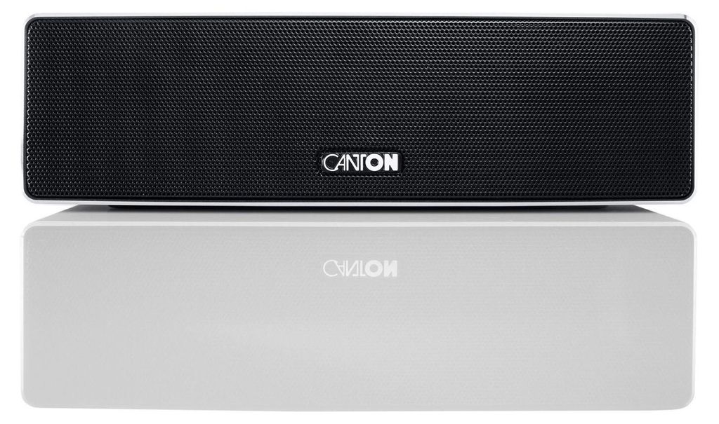 A black Canton soundbar is placed on top of a white base, with the Canton logo visible on both.
