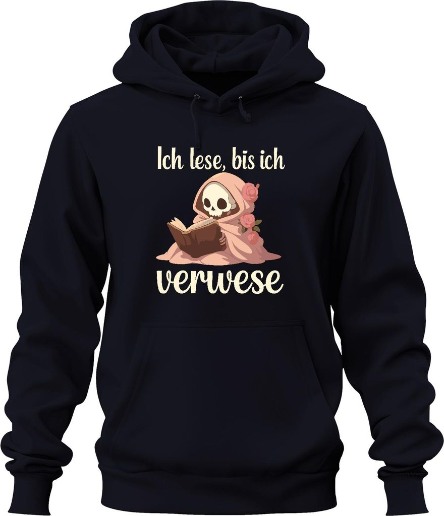 Ich lese bis ich verwese Buchwurm Leseratte Skelett Halloween Geist Uni Hoodie Kapuzenpullover, Navy, M