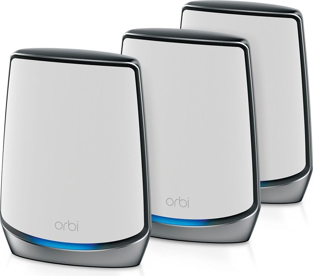 Three white and gray Orbi routers are arranged diagonally on a white background.