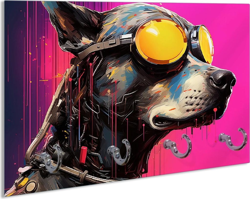 Wallario Handtuchhalter aus Glas, Motiv: Cyberpunk-Hund mit Brille, 30 x 20 cm mit 4 Haken