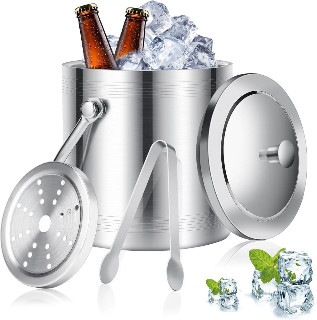 Edelstahl Eiskübel, 2L Eisgefäße, mit Deckel und Zange, Doppelwand-Eiseimer Eisbehälter, für Partys, Bier,Cocktailbar, kühlen Wein, Champagner