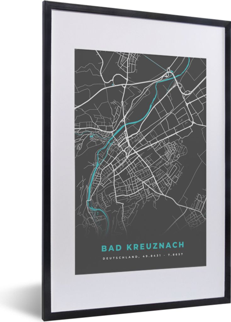 MuchoWow Gerahmtes Poster Bad Kreuznach - Stadtplan - Blau - Karte - Deutschland 40x60 cm - Poster mit Schwarzem Bilderrahmen Wandposter Rahmen F...