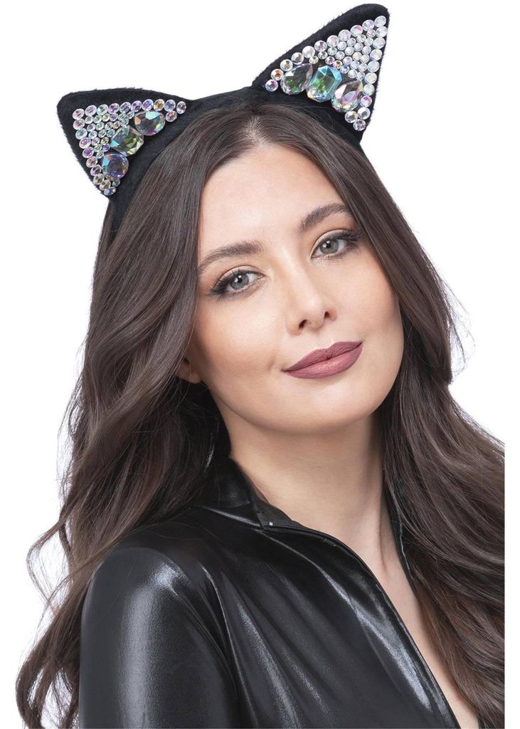 Smiffys - Damen Katzenohren - Stirnband, Mit Juwelen besetzt SM1319 (Einheitsgröße) (Schwarz)