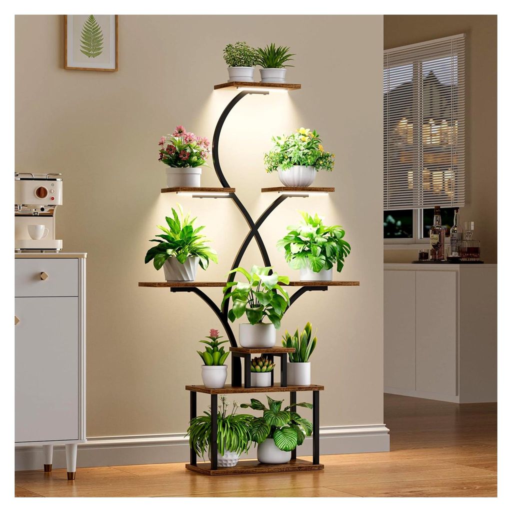 Pflanzenregal mit Wachstumslicht - 8 Ebenen Blumenregal 158 cm Metall Holz Pflanzenständer - Innen- und Außenbereich Blumentreppe - Dekoratives s...