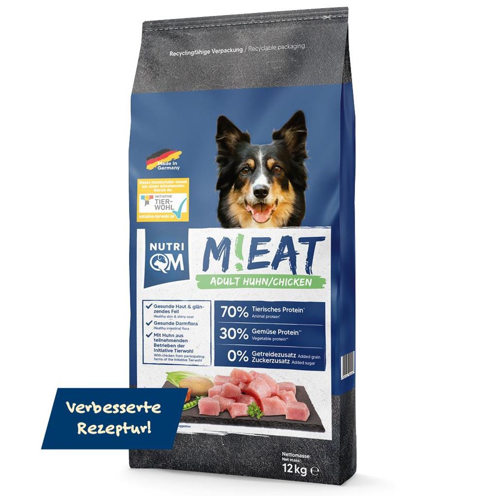 A bag of dog food with a picture of a dog and ingredients.