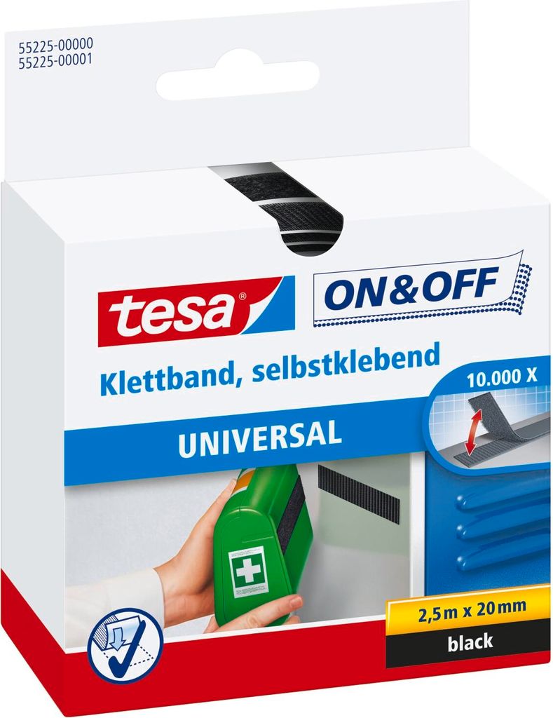 tesa On & Off selbstklebendes Klettband, schwarz, 2,5m x 20mm