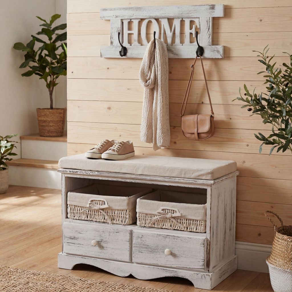 Garderobe mit Sitzbank Kommode mit 2 Körben 42x62x33cm, Shabby-Look, Vintage weiß