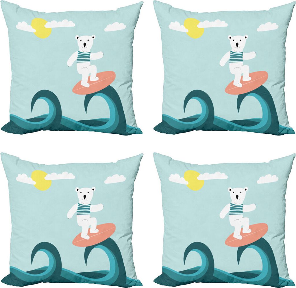 ABAKUHAUS Eisbär Kissenbezug Set (4 Stück), Surfen auf Wellen, Moderner Doppelseitiger Digitaldruck, 45 cm x 45 cm, Mehrfarbig