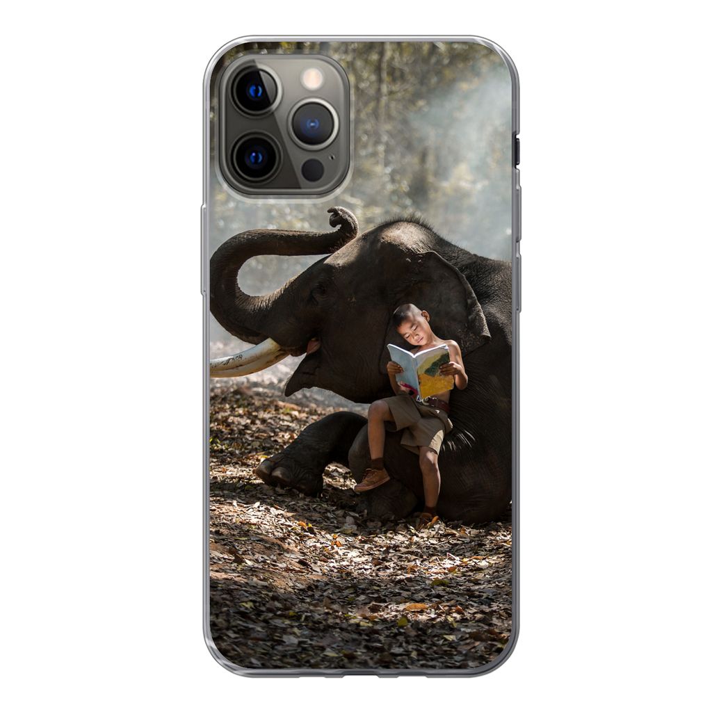 MuchoWow Handyhülle Schutzhülle Hülle für iPhone 13 Pro Elefant - Junge - Buch - Wald - Tiere - Natur Silikon Softcase Handy Hülle - Handy-T...