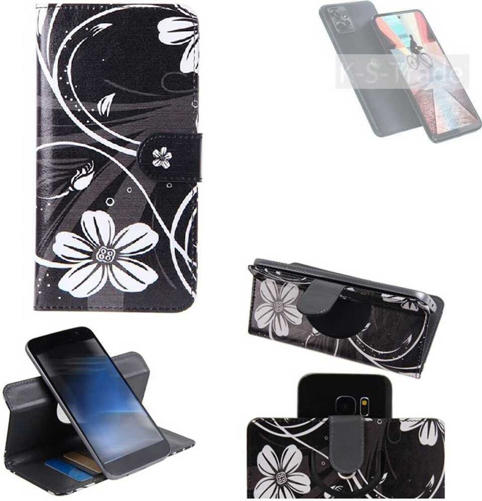K-S-Trade Schutzhülle Handyhülle kompatibel mit Motorola Moto G Power 5G Hülle 360° Wallet Case “Flowers“ Klapphülle Hülle schwarz-weiß 1x